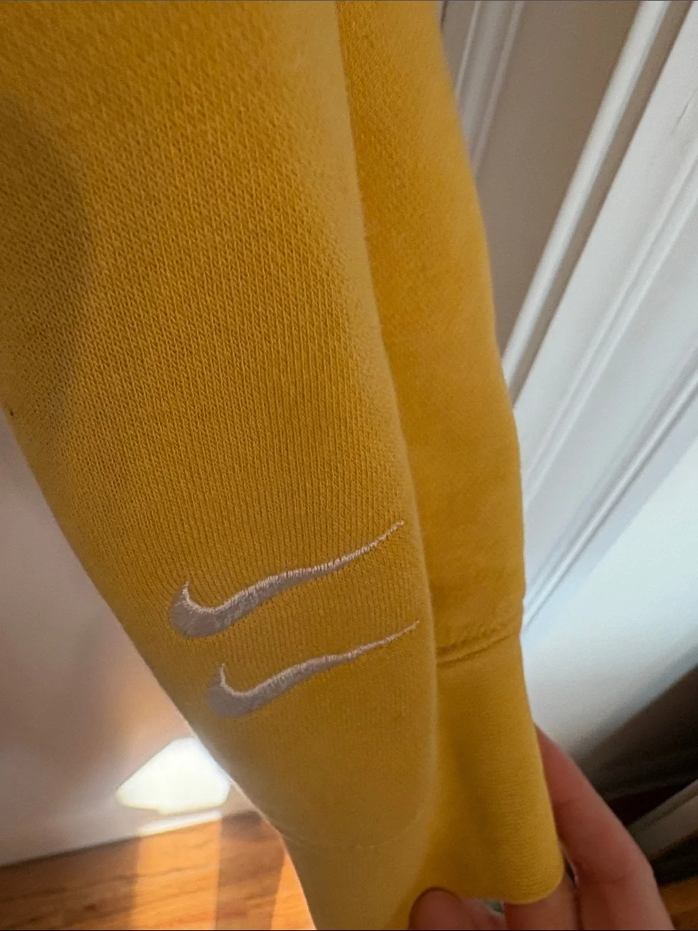 Nike Men’s Crewneck Sweatshirt in Mustard Yellow with White Swoosh Sleeve